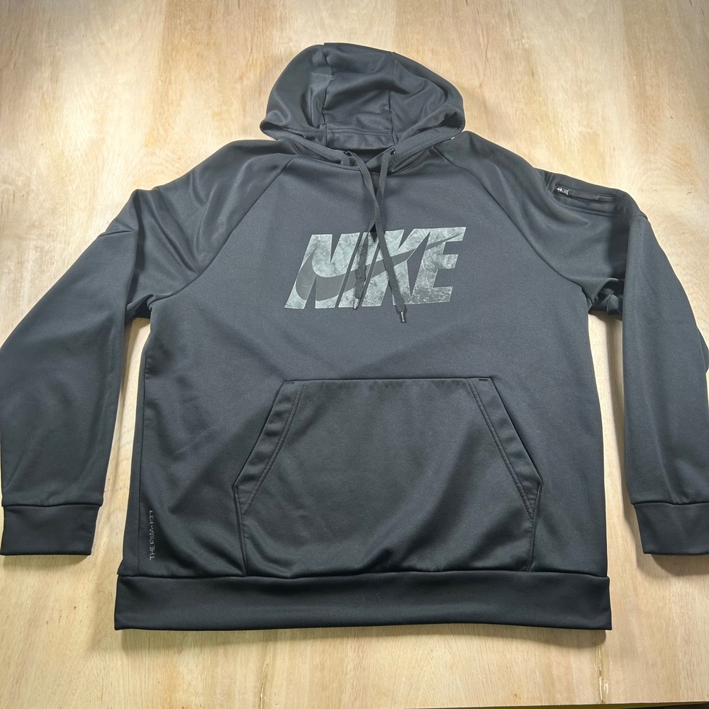 Nike Therma-FIT Mens XL Hoodie Black Distressed Logo Sleeve Pocket Pullover